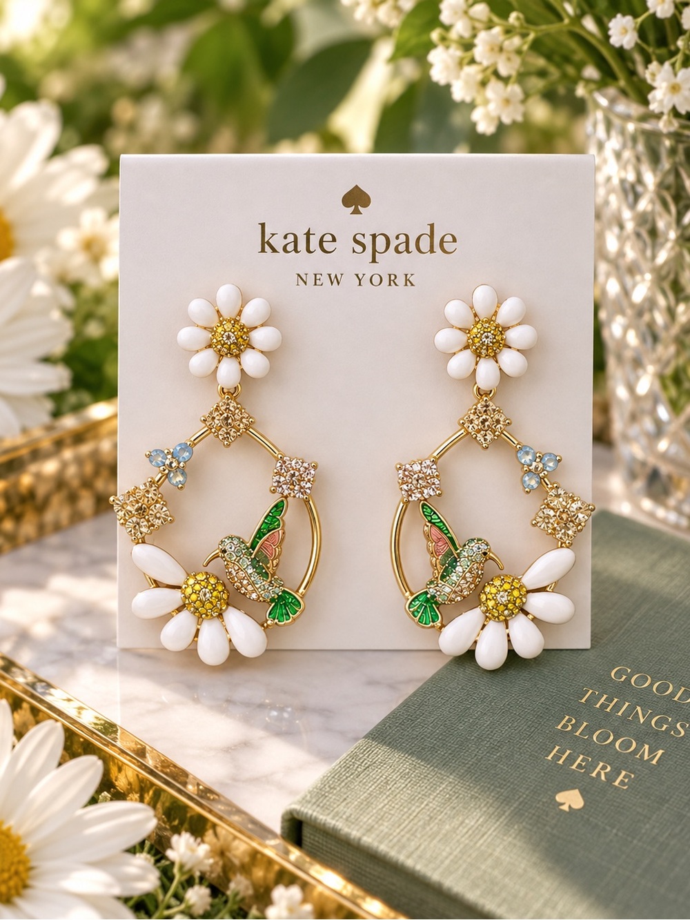 Kate Spade Hummingbird Daisy Floral Statement Drop Earrings